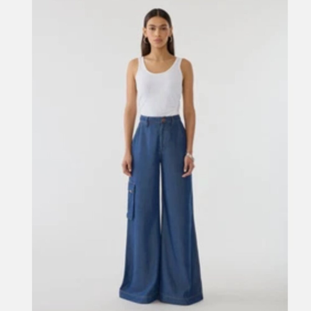GSTQ Wide Leg Indigo Carpenter Pants Flowy Soft Denim Look Lyocell Women's 12